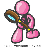 #37901 Clip Art Graphic Of A Pink Guy Character Using A Magnifying Glass