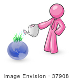 #37908 Clip Art Graphic Of A Pink Guy Character Watering Earth