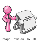 #37910 Clip Art Graphic Of A Pink Guy Character With A Rolodex