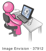 #37912 Clip Art Graphic Of A Pink Guy Character Using A Computer