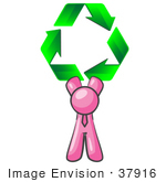 #37916 Clip Art Graphic Of A Pink Guy Character Holding Recycle Arrows