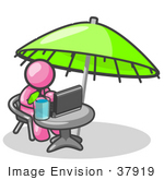 #37919 Clip Art Graphic Of A Pink Guy Character Using A Laptop Under An Umbrella
