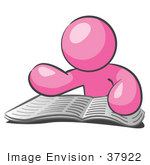 #37922 Clip Art Graphic Of A Pink Guy Character Reading