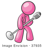 #37935 Clip Art Graphic Of A Pink Guy Character Singing Into A Mic