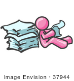 #37944 Clip Art Graphic Of A Pink Guy Character Reading Papers