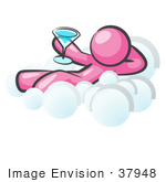 #37948 Clip Art Graphic Of A Pink Guy Character Drinking A Cocktail On A Cloud