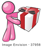 #37958 Clip Art Graphic Of A Pink Guy Character Holding A Gift