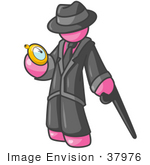 #37976 Clip Art Graphic Of A Pink Guy Character With A Cane Looking At A Pocket Watch