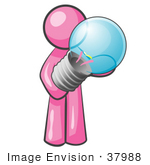 #37988 Clip Art Graphic Of A Pink Guy Character Holding A Light Bulb