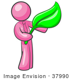 #37990 Clip Art Graphic Of A Pink Guy Character Holding A Green Leaf