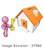 #37992 Clip Art Graphic Of A Pink Guy Character Holding The Key To A House