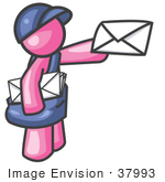#37993 Clip Art Graphic of a Pink Guy Character Delivering Mail by Jester Arts