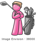#38000 Clip Art Graphic Of A Pink Guy Character Golfing