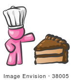 #38005 Clip Art Graphic Of A Pink Guy Character Chef With Chocolate Cake