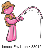 #38012 Clip Art Graphic Of A Pink Guy Character Fishing