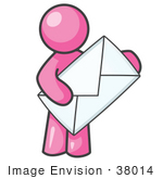 #38014 Clip Art Graphic Of A Pink Guy Character Holding An Envelope