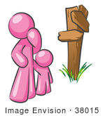 #38015 Clip Art Graphic Of A Pink Guy Character And Child At A Crossroads