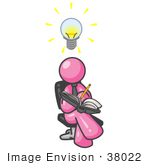 #38022 Clip Art Graphic Of A Pink Guy Character Jotting Ideas Down In A Book