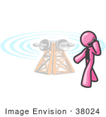 #38024 Clip Art Graphic Of A Pink Guy Character Talking On A Phone By A Tower