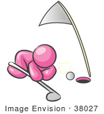 #38027 Clip Art Graphic Of A Pink Guy Character Trying To Blow A Golf Ball Into A Hole