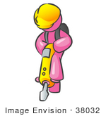 #38032 Clip Art Graphic Of A Pink Guy Character Operating A Jack Hammer