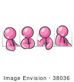 #38036 Clip Art Graphic Of A Pink Guy Character In Different Poses Talking On A Headset
