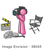 #38045 Clip Art Graphic Of A Pink Guy Character Filming A Movie
