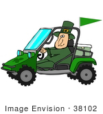 #38102 Clip Art Graphic of a St Paddy’s Day Leprechaun Driving a Mud Bug by DJArt