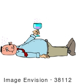 #38112 Clip Art Graphic Of A Drunk Caucasian Man Holding Up Wine And Laying On His Back After Passing Out