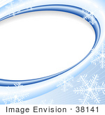 #38141 Clip Art Graphic of a Background Of Blue Waves And Snowflakes Curving Around A Blank White Oval Space by Oleksiy Maksymenko