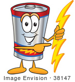 #38147 Clip Art Graphic Of A Battery Mascot Character Holding A Bolt Of Energy And Pointing To The Right