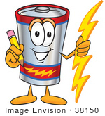 #38150 Clip Art Graphic Of A Battery Mascot Character Holding A Pencil