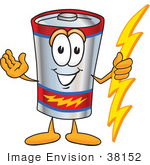 #38152 Clip Art Graphic Of A Battery Mascot Character Holding A Bolt Of Energy And Welcoming