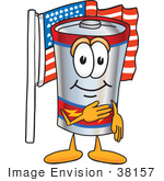 #38157 Clip Art Graphic Of A Battery Mascot Character Pledging Allegiance To An American Flag