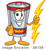 #38159 Clip Art Graphic Of A Battery Mascot Character Holding A Bolt Of Energy And Pointing At The Viewer