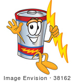 #38162 Clip Art Graphic Of A Battery Mascot Character Holding A Bolt Of Energy And Jumping