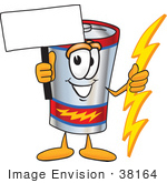 #38164 Clip Art Graphic Of A Battery Mascot Character Holding A Bolt Of Energy And A Blank Sign
