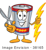#38165 Clip Art Graphic Of A Battery Mascot Character Holding A Pair Of Scissors