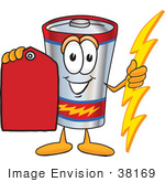 #38169 Clip Art Graphic Of A Battery Mascot Character Holding A Bolt Of Energy And A Red Sales Price Tag