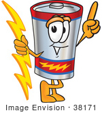 #38171 Clip Art Graphic Of A Battery Mascot Character Holding A Bolt Of Energy And Pointing Upwards
