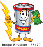 #38172 Clip Art Graphic Of A Battery Mascot Character Holding A Bolt Of Energy And A Green Dollar Bill