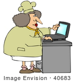 #40683 Clip Art Graphic Of A Female Caucasian Chef Using A Laptop In A Kitchen