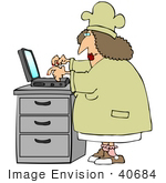 #40684 Clip Art Graphic of a Female Caucasian Chef Typing a Recipe Into a Laptop by DJArt