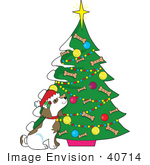 #40714 Clip Art Graphic Of A Dog By A Christmas Tree With Doggy Biscuits And Ornaments