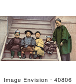 #40806 Stock Photo Of A Family Of Chinese American Immigrants Sitting On Steps Of A Building California