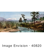 #40820 Stock Photo Of A Horse Drawn Wagon By A Creek In Estes Park Colorado With A View Of Upsilon Peak In The Distance