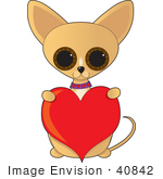 #40842 Clip Art Graphic Of A Caring Chihuahua Puppy Holding Up A Red Valentine Heart