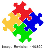 #40855 Clip Art Graphic of a Diamond of Red, Blue, Green And Yellow Puzzle Pieces Connected Together by Oleksiy Maksymenko