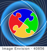 #40856 Clip Art Graphic Of A Circle Of Colorful Puzzle Pieces Linked On A Swirling Blue Background