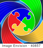 #40857 Clip Art Graphic of a Circle Of Colorful Puzzle Pieces Linked On A Swirling Red, Green, Yellow And Blue Background by Oleksiy Maksymenko